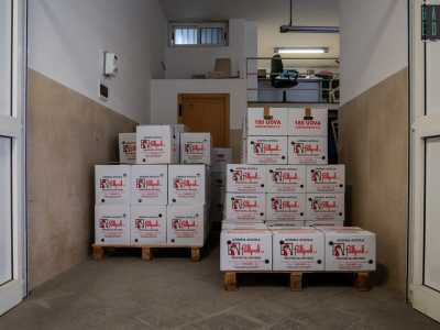 ...e mostra decine e decine di casse di uova accatastate in vari spazi dell'interno